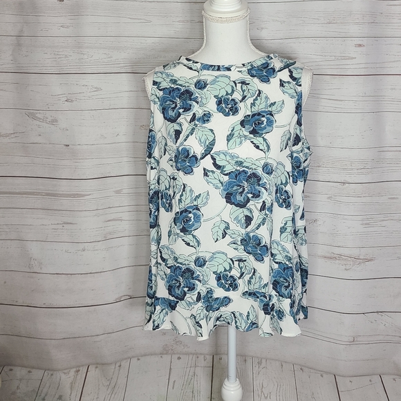 LOFT Blue Floral Tie Back Neck Layer Ruffle Bottom Sleeveless Blouse - Picture 2 of 12